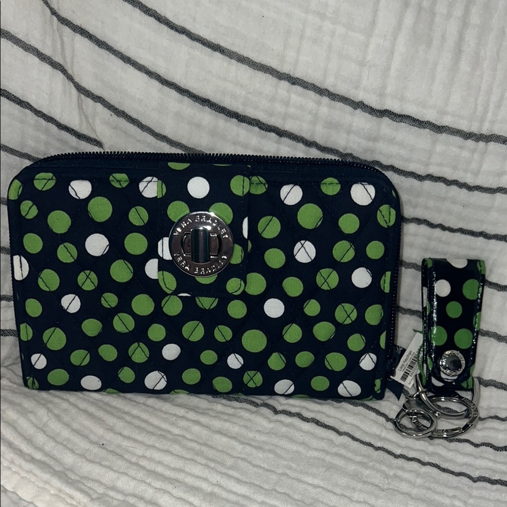 Vera Bradley Green and White Polka Dot Wallet and Keychain
